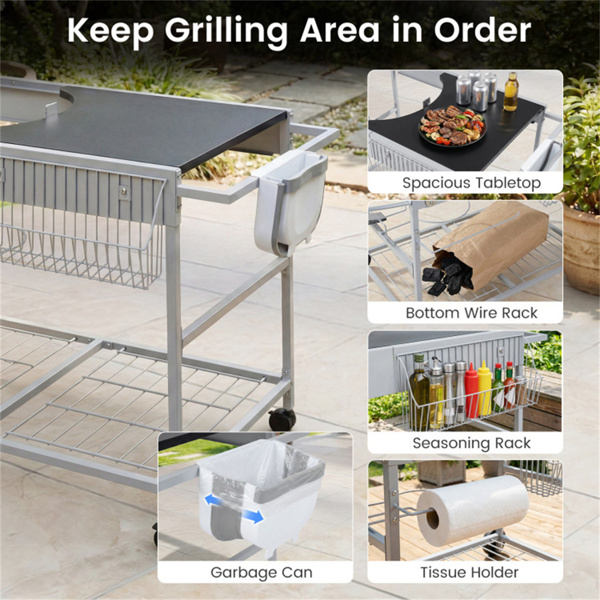 户外烧烤车，适用于18-22英寸的水壶烤架、带盖的金属烧烤架和储物架-7