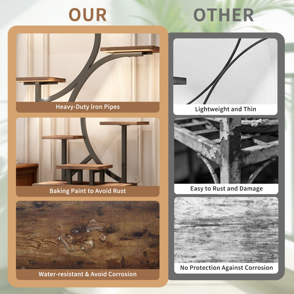 室内植物架带生长灯 - 62 英寸高植物架，带灯转角植物架，适用于室内种植，8 层大型花卉架，S 形装饰架，适用于客厅（胡桃木色）--不支持self-pick up且不支持指定仓库发货-6