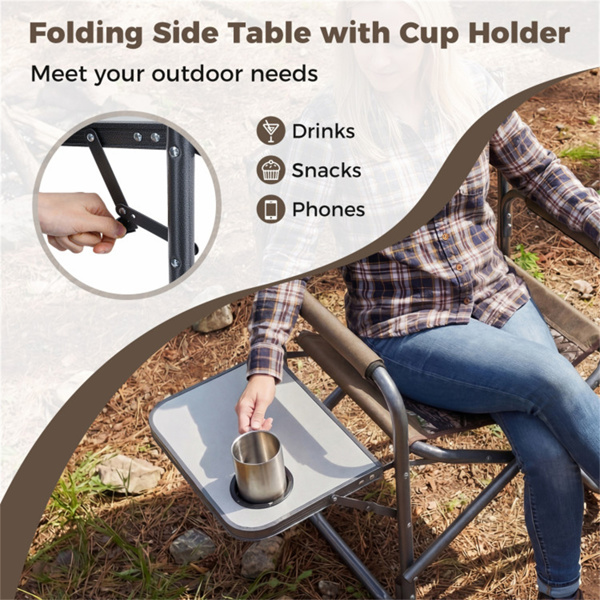 400LBS重型折叠露营椅，带边桌和杯架，户外带衬垫的董事椅-迷彩色-5