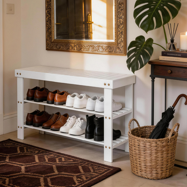 70cm长3层顶板无缝 竹制 70*28*45cm 鞋架 白色-1