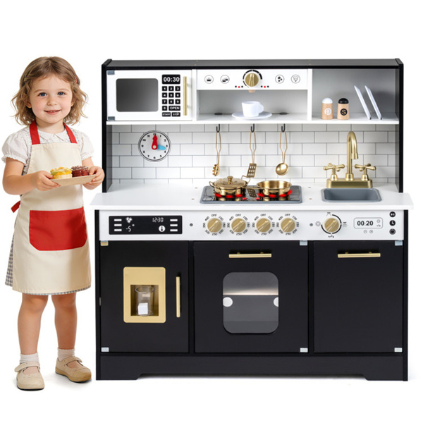 儿童木制游戏厨房，配有逼真的灯光和声音，为3岁幼儿提供假装制冰机和储物空间+ - 黑色-2
