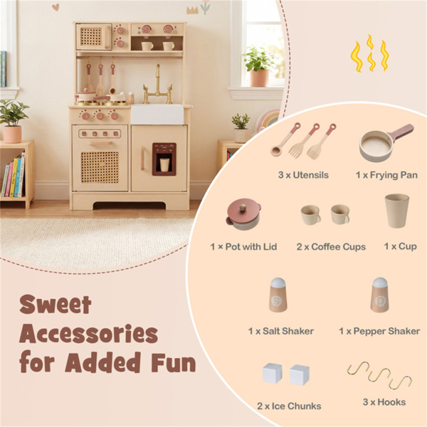 儿童木制游戏厨房，配有逼真的灯光和声音，为幼儿提供假装制冰机和配件-8