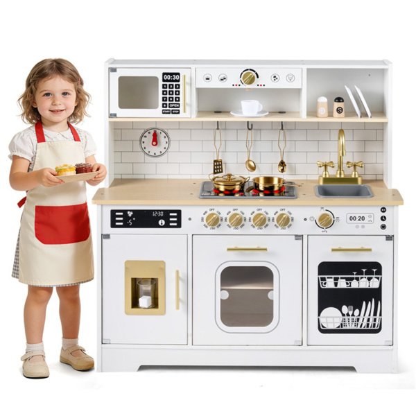 儿童木制游戏厨房，配有逼真的灯光和声音，为3岁幼儿提供假装制冰机和储物空间+ - 白色-2