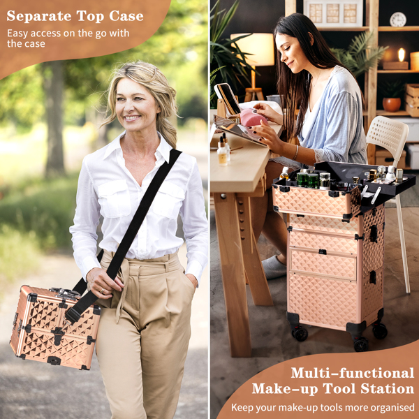 2合一带滑轨前抽 平面左抽可拆卸万向轮 铝制 钻石纹 香槟金 化妆箱 34*24*72.5cm-11