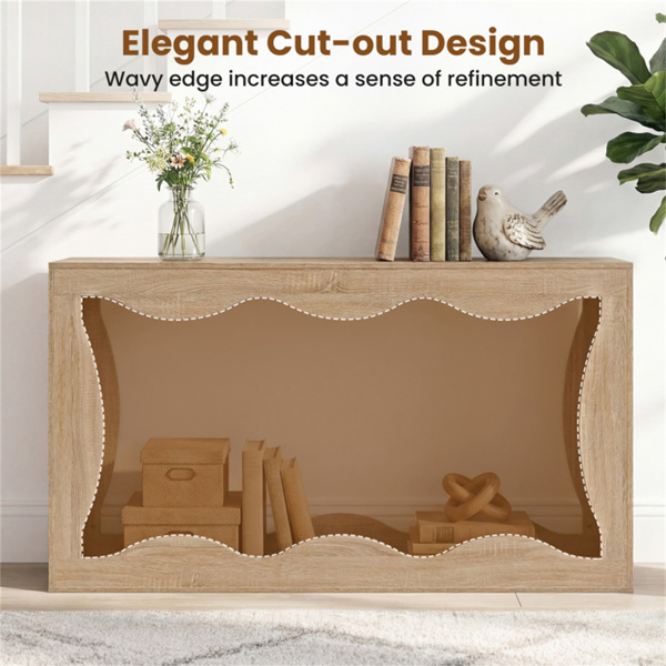63英寸窄控制台桌，波浪形中空设计，2层超长入口桌，带储物架 - 自然色-7