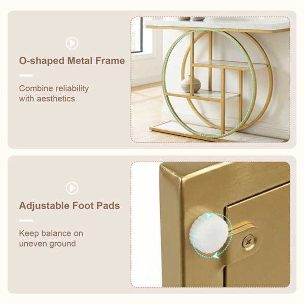 41英寸主控台，带3层开架，客厅走廊带O形金属框架的现代入口沙发桌 - 白色-8