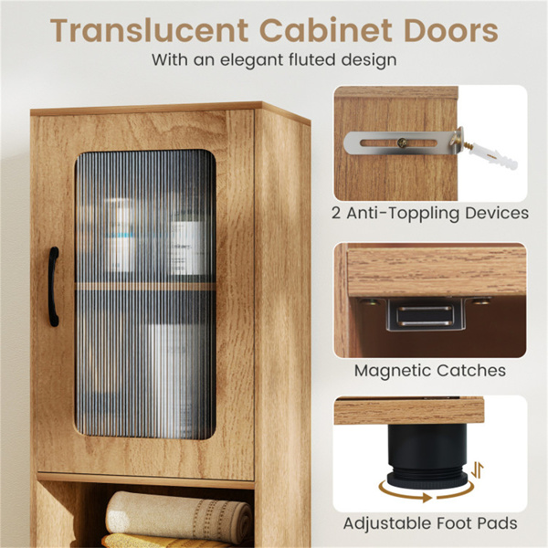 67英寸高瘦浴室储物柜，带槽门，可调节架子，独立式窄收纳架 - 自然色-12