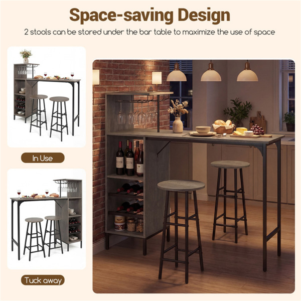 3PCS酒吧桌和凳子套装，葡萄酒储存（6瓶+酒杯架），橡木-6