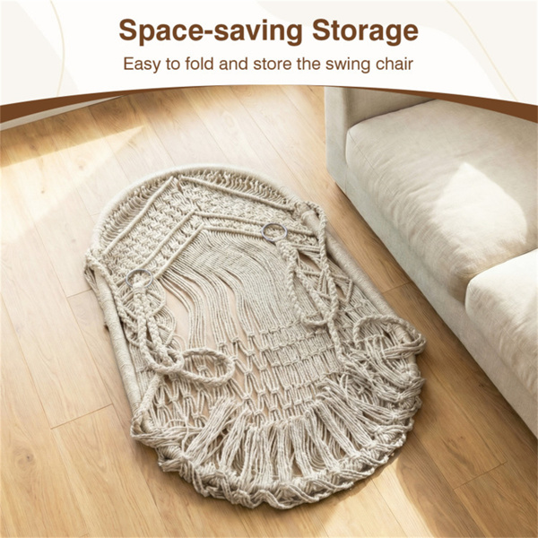 波西米亚流苏结 秋千带2个软垫的悬挂秋千椅，可容纳330磅的吊床椅，适用于室内室外卧室露台阳台-米色-10