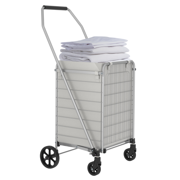 带置物架购物推车，带轮杂货手推车——双篮可折叠多功能购物推车，配备360°旋转滚轮，适用于购物及洗衣搬运（灰色）--不支持self-pick up且不支持指定仓库发货-6