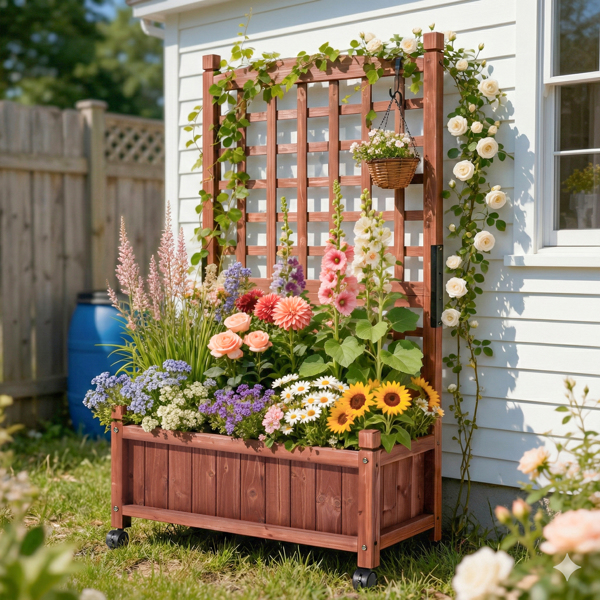 63*30*127CM 红棕色 万向轮种植花架 杉木 木种植-6