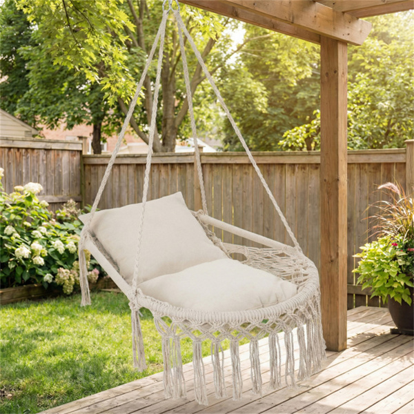 波西米亚流苏结 秋千带2个软垫的悬挂秋千椅，可容纳330磅的吊床椅，适用于室内室外卧室露台阳台-米色-3