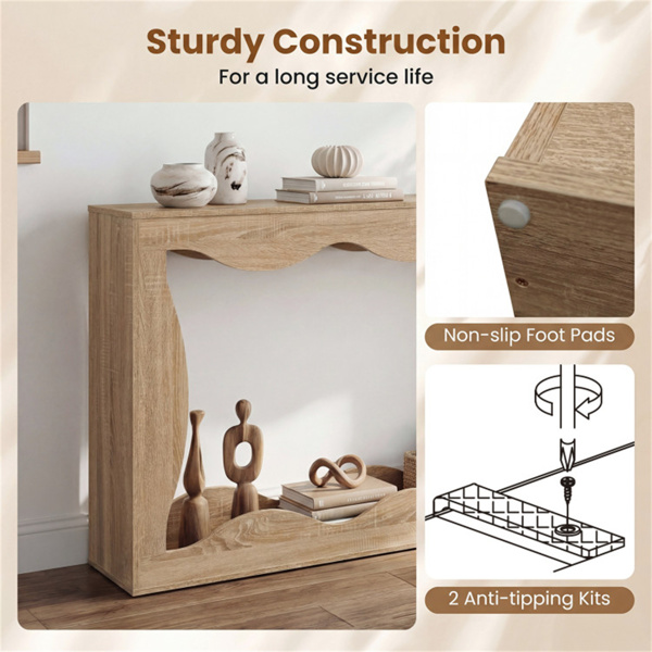 63英寸窄控制台桌，波浪形中空设计，2层超长入口桌，带储物架 - 自然色-8