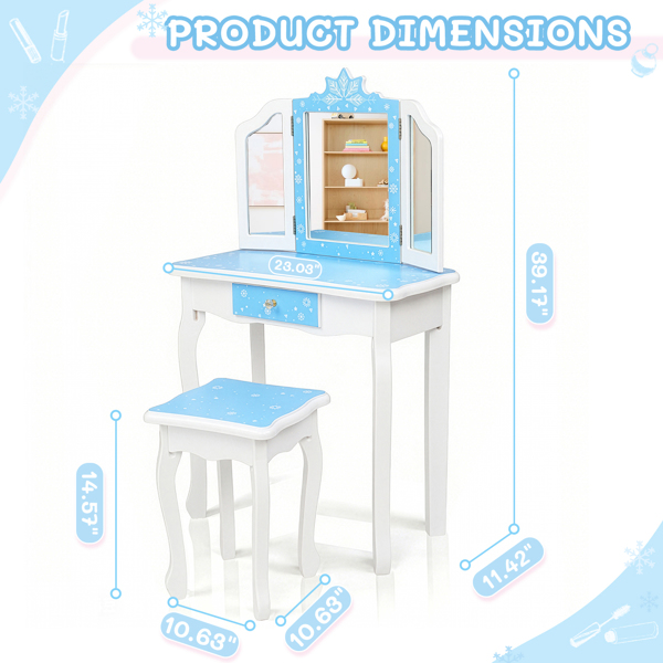  蓝色 雪花 密度板喷漆 三折镜 单抽 梳妆桌套装 儿童 N201-3