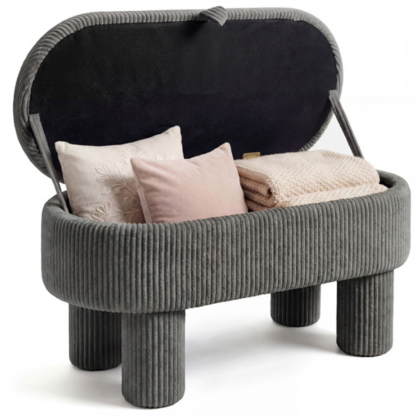 灰色42英寸灯芯绒储物台，毛绒泡沫垫和隐藏式隔间，座椅承重400LBS-1