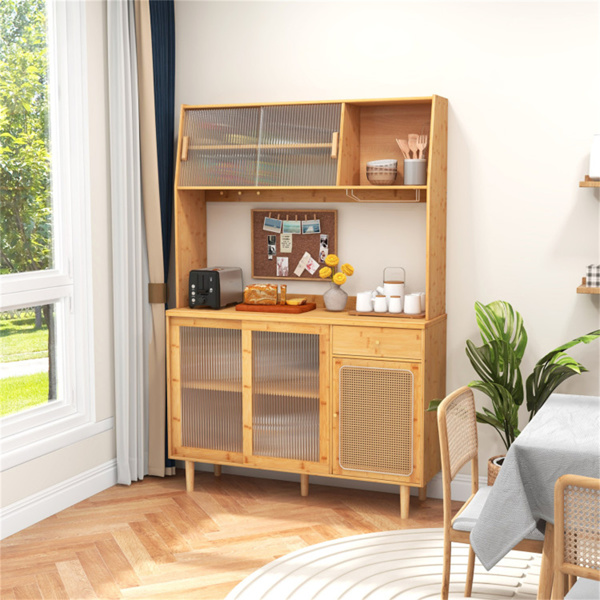 69英寸竹制厨房橱柜，配钢化玻璃门、额外储物空间及防倾倒设计-2