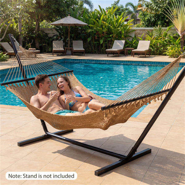 2人聚酯加勒比吊床，带硬木撑杆，可承重600磅，露台花园双人吊-卡其色-5