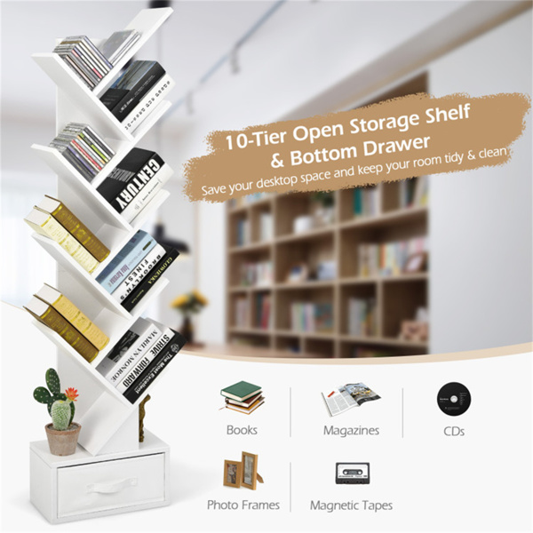 白色树形书架，10个开架和可折叠布料抽屉，节省空间的角落设计-9