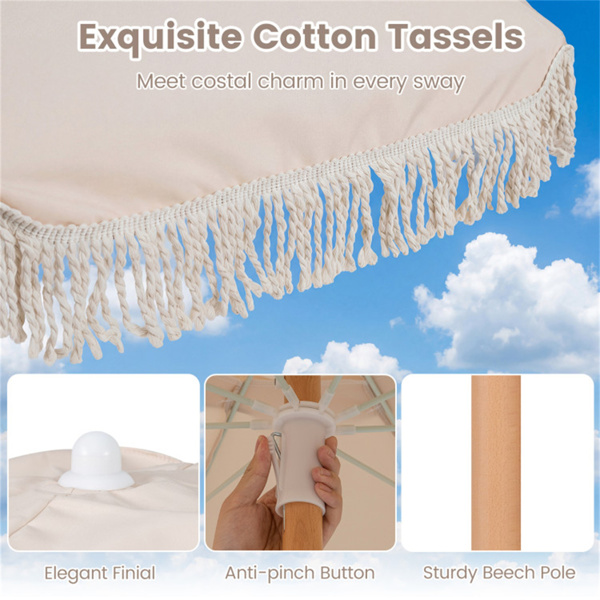 6英尺波西米亚风格露台伞，带流苏、山毛榉木杆和玻璃纤维肋条，按钮式倾斜户外伞-8