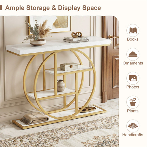 41英寸主控台，带3层开架，客厅走廊带O形金属框架的现代入口沙发桌 - 白色-3