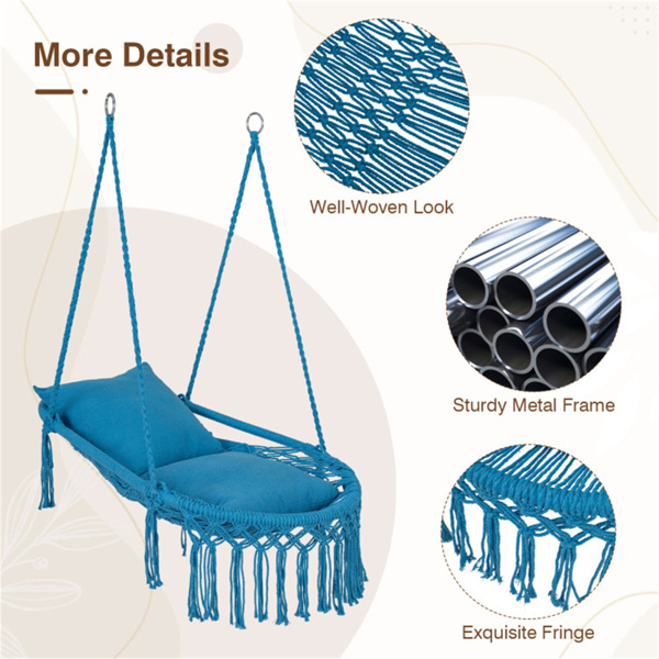 波西米亚流苏结 秋千带2个软垫的悬挂秋千椅，可容纳330磅的吊床椅，适用于室内室外卧室露台阳台-海军蓝-9