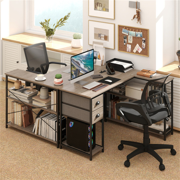 L形电脑桌，带内置电源插座、USB和Type-C充电端口、带织物抽屉和储物架的家庭办公室角桌 - 橡树色-2