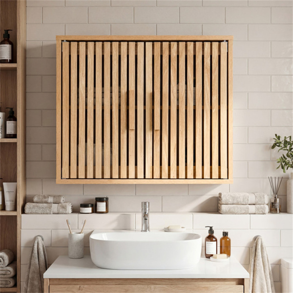 天然双层壁挂式浴室柜，带板条门，60.96×20.32×50.8cm可调节储物箱，8.85kg-2