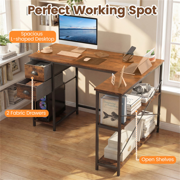 L形电脑桌，带内置电源插座、USB和Type-C充电端口、带织物抽屉和储物架的家庭办公室角桌 - 粗犷棕色-2