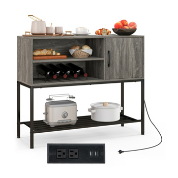 带2个交流插座和2个USB端口的乡村棕色侧板，带酒架的充电自助餐柜-灰色
