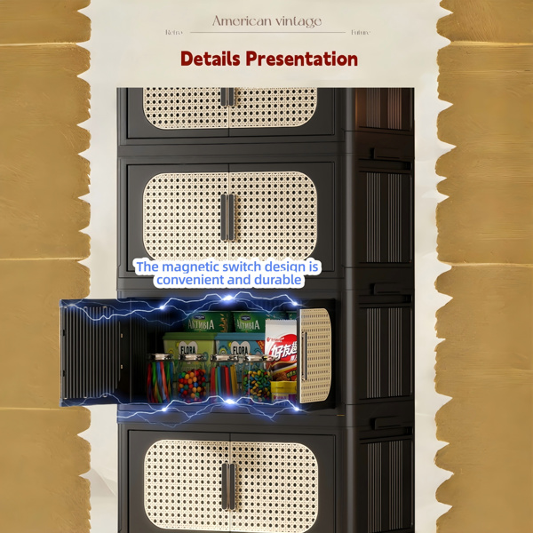 复古黑色，20英寸宽折叠储物柜，4层，19.69英寸×11.81英寸×40.55英寸，带磁性门的可折叠储物箱，带轮塑料储物柜--不支持self-pick up且不支持指定仓库发货-14