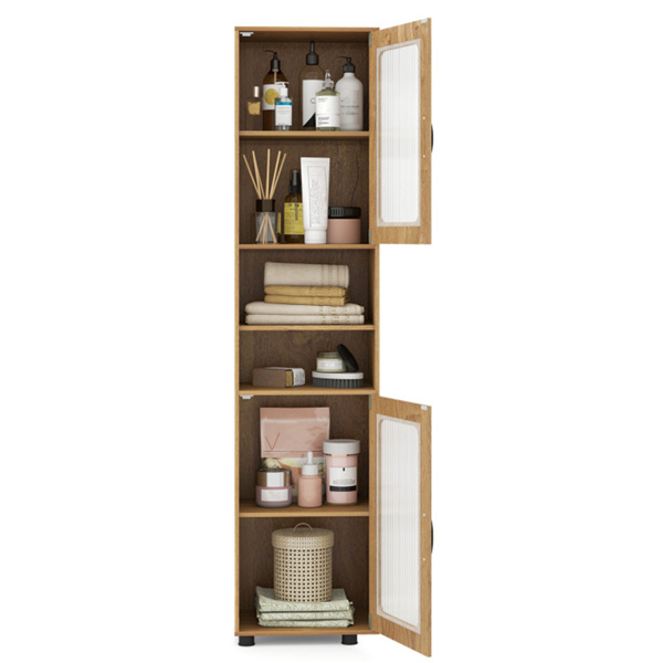 67英寸高瘦浴室储物柜，带槽门，可调节架子，独立式窄收纳架 - 自然色-3