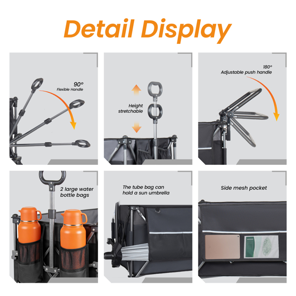 多功能推拉折叠手推车，带旋转手柄和顶篷，7英寸x4英寸全地形车轮和刹车，承重480磅，300升大容量，适用于运输、购物、户外活动，黑色--不支持self-pick up且不支持指定仓库发货-9