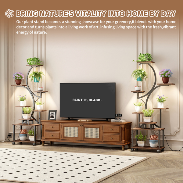 室内植物架带生长灯 - 62 英寸高植物架，带灯转角植物架，适用于室内种植，8 层大型花卉架，S 形装饰架，适用于客厅（胡桃木色）--不支持self-pick up且不支持指定仓库发货-12