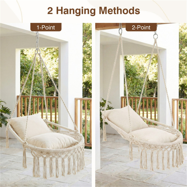 波西米亚流苏结 秋千带2个软垫的悬挂秋千椅，可容纳330磅的吊床椅，适用于室内室外卧室露台阳台-米色-2