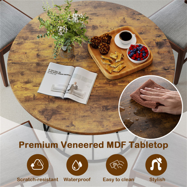 棕色47英寸圆形餐桌，适合4-6人家庭使用，沙漏金属底座和曲面桌面-11