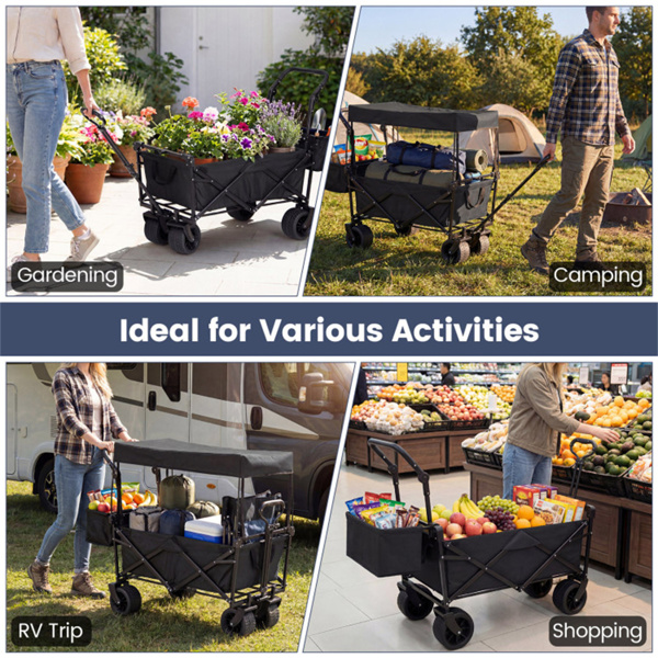 可折叠多功能车、可调节把手户外货车、带制动器的防刺穿车轮、可拆卸袋和侧袋 - 黑色-10