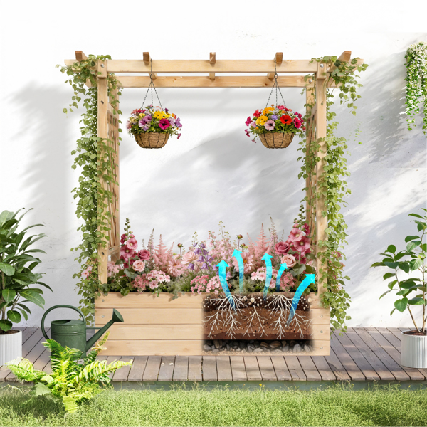 110*44.5*113CM 原木色 带拱形格子 高架花园床 杉木 木种植-7