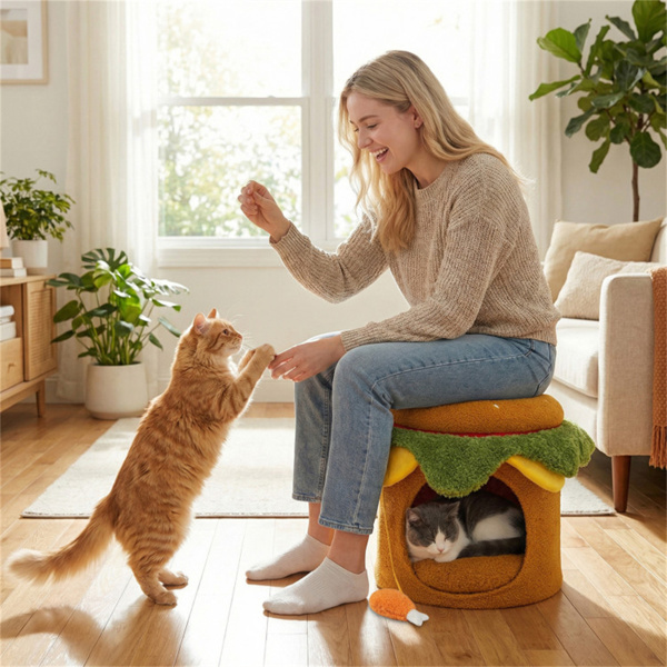 芝士汉堡主题猫窝（黄色+绿色），可爱的汉堡形状，配有炸鸡毛绒玩具，无需组装-8