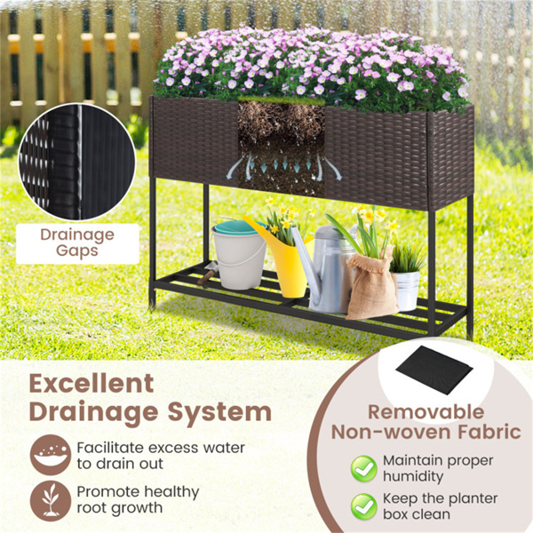 棕色PE藤条高架花盆，带下架，101.6×30.48×71.12cm带排水的高架花园床，7.03kg-9