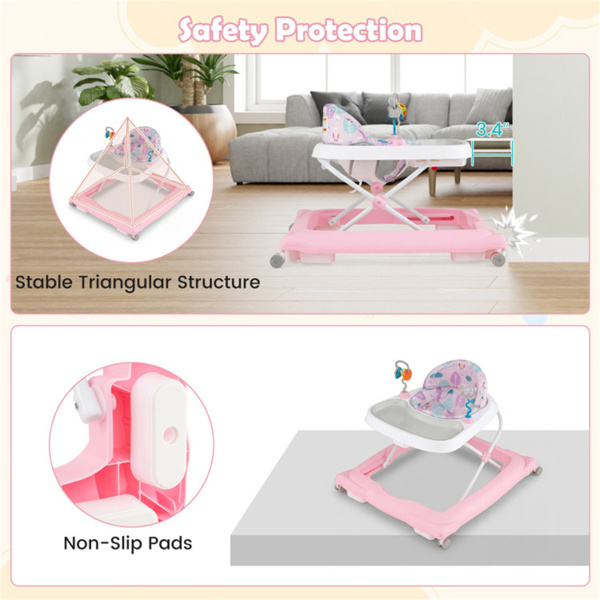 粉色可折叠婴儿学步车，带可拆卸托盘和形状分类玩具，3层高度可调，适用于6-12个月大的婴儿-9
