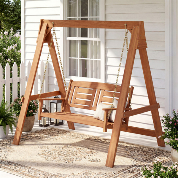 2人硬木门廊秋千，带支架，可容纳800磅的室外露台秋千，适用于花园池畔-2