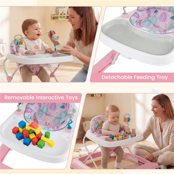 粉色可折叠婴儿学步车，带可拆卸托盘和形状分类玩具，3层高度可调，适用于6-12个月大的婴儿-5