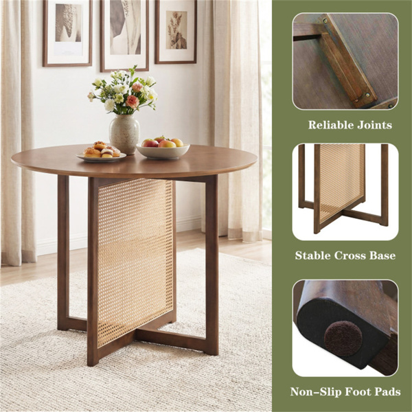 37.5英寸2-4人圆形餐桌，中世纪现代厨房餐桌，配有PE藤条和橡胶木腿-9