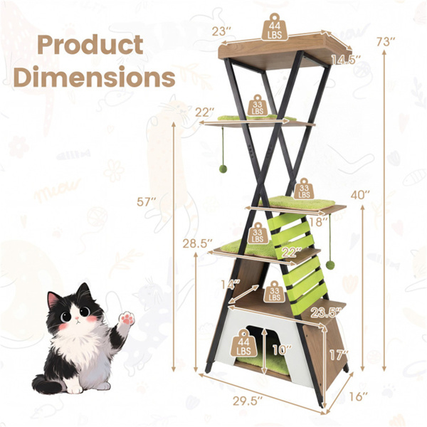 73英寸多层猫树，带公寓和鲈鱼，多猫攀爬塔，带抓地垫和互动玩具-4