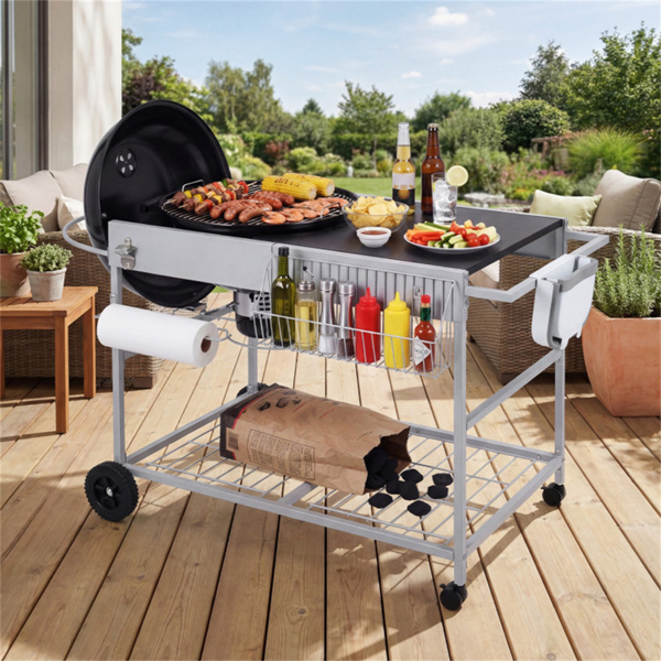 户外烧烤车，适用于18-22英寸的水壶烤架、带盖的金属烧烤架和储物架-3