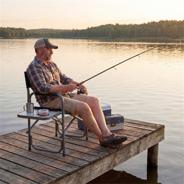 400LBS重型折叠露营椅，带边桌和杯架，户外带衬垫的董事椅 - 黑色-3
