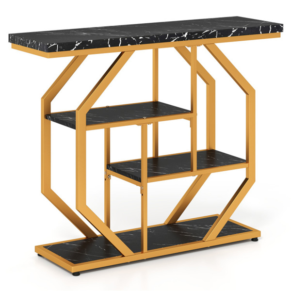 39.5英寸现代沙发桌，带4层储物空间，黑色和金色控制台桌，带人造大理石台面，用于客厅入口-3