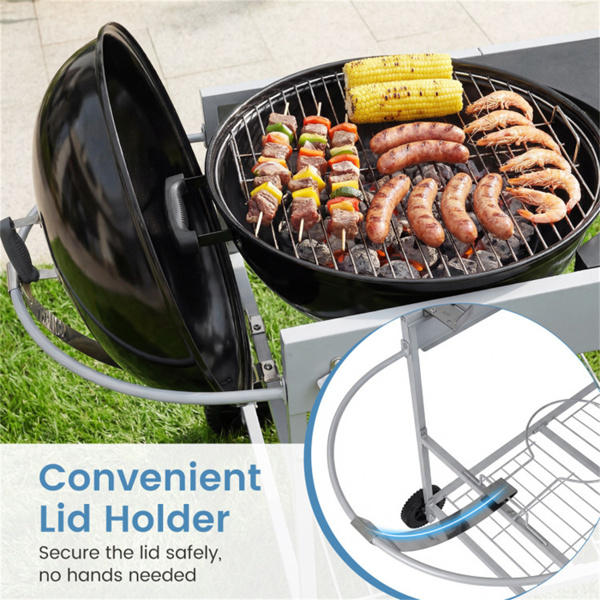 户外烧烤车，适用于18-22英寸的水壶烤架、带盖的金属烧烤架和储物架-9