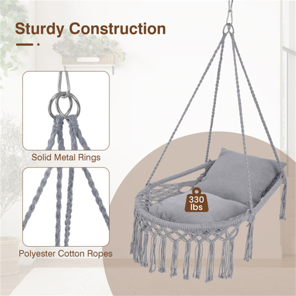 波西米亚流苏结 秋千带2个软垫的悬挂秋千椅，可容纳330磅的吊床椅，适用于室内室外卧室露台阳台-灰色-7