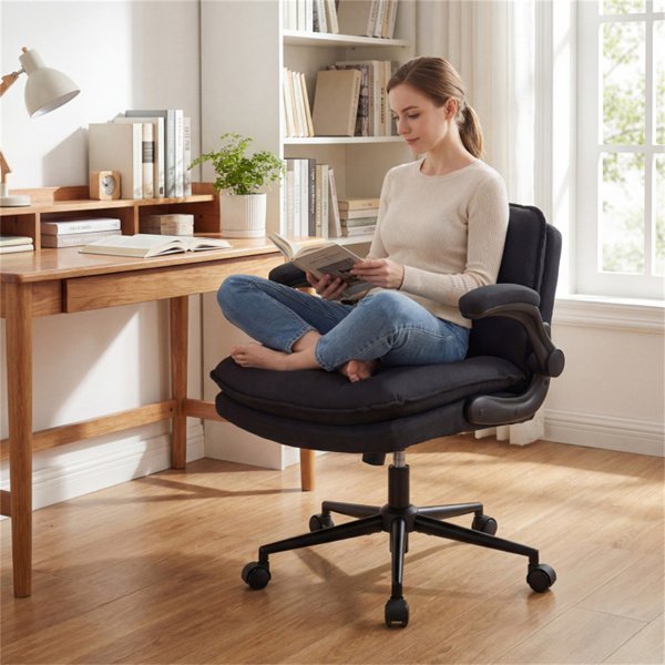 带翻转扶手的Criss十字椅，带可调节高度和摇摆功能的人造皮革交叉腿办公椅-灰色-2